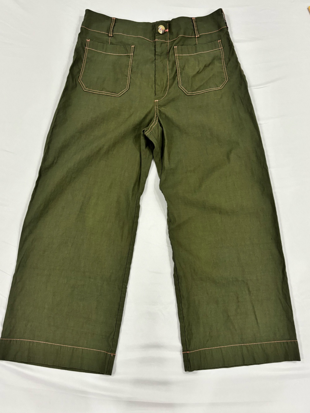 Anthropologie Maeve The Colette Crop Wide-Leg Pants Contrast Stitch Olive 32 - Picture 3 of 11